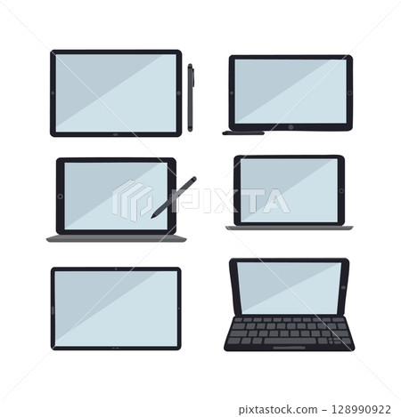 Digital tablet devices with stylus and keyboard accessories in various orientations vector illustration 128990922