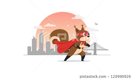 Squirrel Superhero Cartoon Character Running in City Sunset Background Vector Illustration 128990926