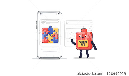 Puzzle piece character next to mobile phone displaying colorful puzzle app interface vector illustration 128990929
