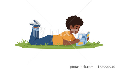 Boy Lying on Grass Reading Book Relaxed Outdoor Activity Illustration 128990930