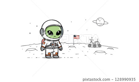 Cute astronaut cartoon character standing on moon surface with NASA suit and flag vector illustration Cute astronaut cartoon character standing on moon surface with NASA suit and flag vector illustration 128990935