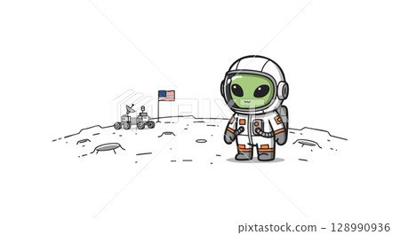 Alien astronaut on lunar surface with rover and American flag vector illustration 128990936
