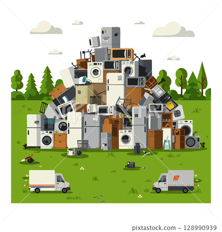 Large pile of used household appliances and electronics with delivery vans illustration vector Large pile of used household appliances and electronics with delivery vans illustration vector 128990939