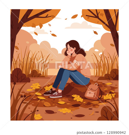 Young woman sitting in autumn forest surrounded by fallen leaves and brown trees vector illustration 128990942