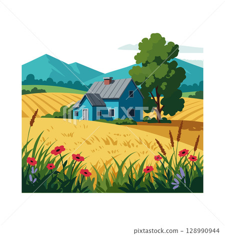 Blue house with tree and field in countryside landscape with mountains and flowers vector illustration 128990944