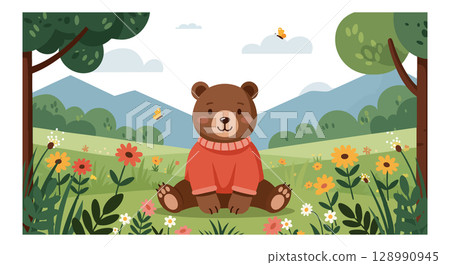 Cute brown bear sitting in colorful flower meadow with mountain background vector illustration 128990945