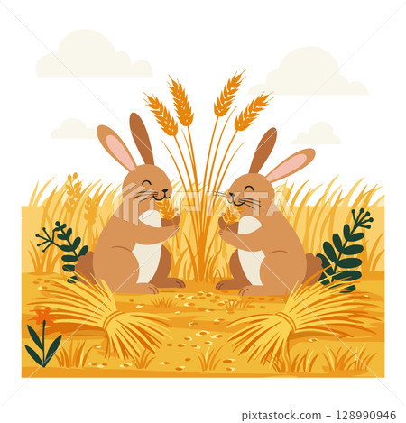 Two rabbits eating wheat in golden field with plants and clouds square vector illustration 128990946