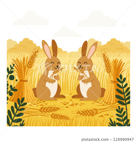 Two rabbits eating wheat in golden harvest field with green plants vector illustration 128990947