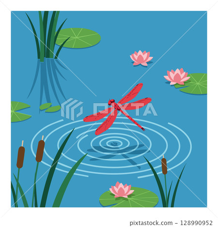 Red Dragonfly Flying Over Pond with Lilies and Reeds Vector Illustration 128990952