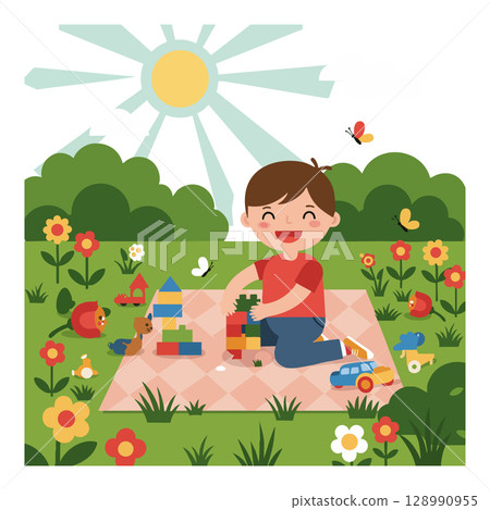 Boy Playing with Building Blocks Outdoors on Sunny Day Surrounded by Flowers and Animals 128990955