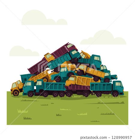 Stack of colorful dump trucks piled up on grassy field vector illustration Stack of colorful dump trucks piled up on grassy field vector illustration 128990957