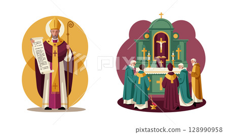 Christian bishop holding scroll and priests performing mass at church altar vector illustration Christian bishop holding scroll and priests performing mass at church altar vector illustration 128990958