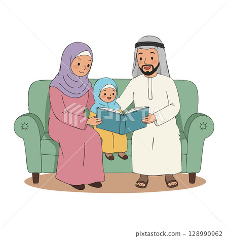 Middle Eastern Family Reading Book Together on Sofa with Child Wearing Hijab and Thobe Middle Eastern Family Reading Book Together on Sofa with Child Wearing Hijab and Thobe 128990962