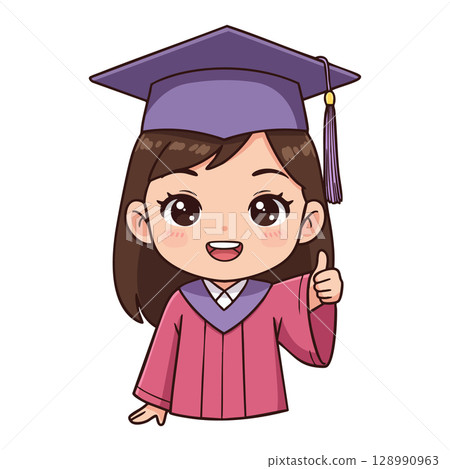Female Graduate Student Wearing Purple Cap and Gown Showing Thumbs Up Gesture Vector Illustration Female Graduate Student Wearing Purple Cap and Gown Showing Thumbs Up Gesture Vector Illustration 128990963