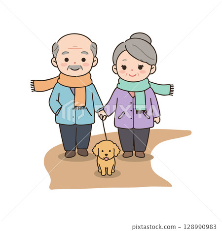 Elderly couple walking small dog outdoors in winter scarves vector illustration 128990983