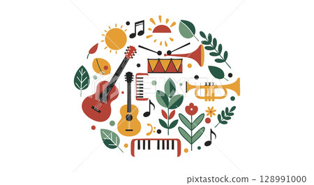 Musical instruments and notes vector illustration with guitar trumpet keyboard and leaves Musical instruments and notes vector illustration with guitar trumpet keyboard and leaves 128991000