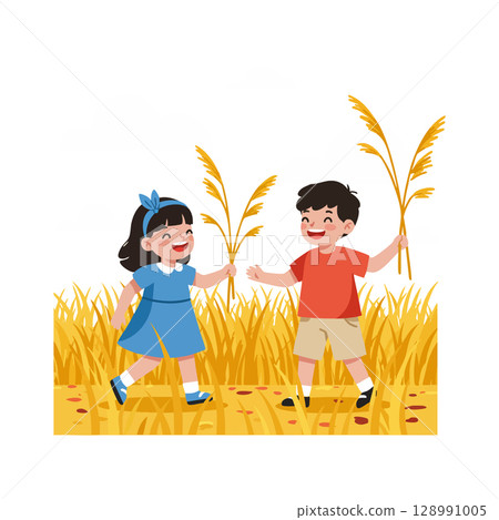 Children playing in golden wheat field holding stalks with happy expressions vector illustration 128991005