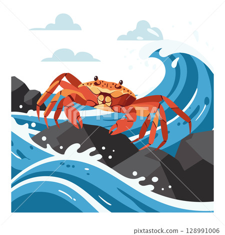 Crab on rocky shore with ocean waves vector illustration in blue and orange colors 128991006