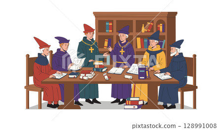 Medieval council meeting with monks discussing documents and books in library room vector illustration Medieval council meeting with monks discussing documents and books in library room vector illustration 128991008