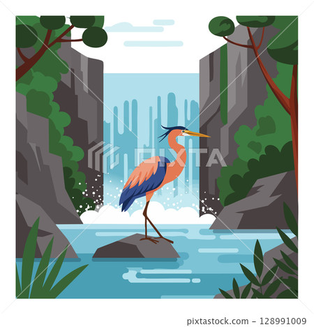 Heron Bird Standing on Rock in Waterfall Landscape with Green Trees and Rocky Cliffs Vector Illustration Heron Bird Standing on Rock in Waterfall Landscape with Green Trees and Rocky Cliffs Vector Illustration 128991009