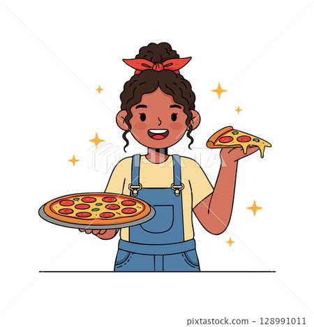Girl holding pizza and slice happy enjoying food casual style vector illustration 128991011