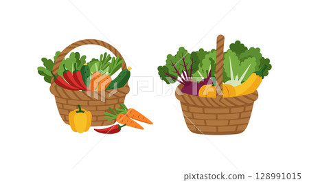 Basket of fresh vegetables with carrot pepper and leafy greens vector illustration 128991015
