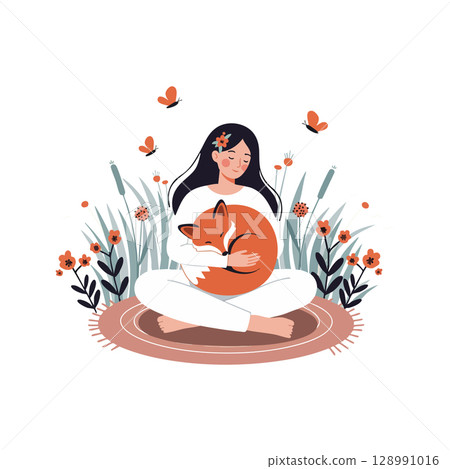 Woman Sitting Cross Legged Hugging Fox Surrounded by Flowers and Butterflies Vector Illustration Woman Sitting Cross Legged Hugging Fox Surrounded by Flowers and Butterflies Vector Illustration 128991016