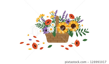 Basket with colorful wildflowers including sunflowers poppies and daisies vector illustration Basket with colorful wildflowers including sunflowers poppies and daisies vector illustration 128991017