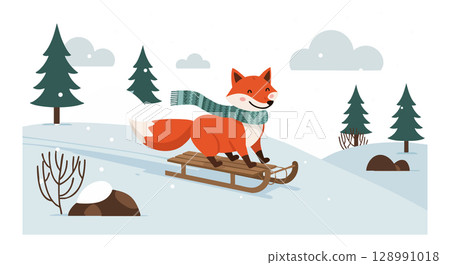 Fox sledding on snowy hill in winter landscape with pine trees and clouds vector illustration 128991018