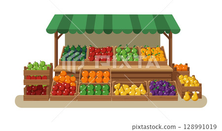 Fresh fruit stall with colorful variety of apples oranges grapes and pears vector illustration 128991019