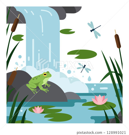 Frog Near Waterfall with Dragonflies and Pink Water Lilies in Pond Vector Illustration 128991021