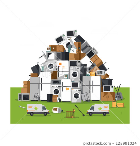Household electronic waste recycling pile with appliances and delivery trucks vector illustration 128991024