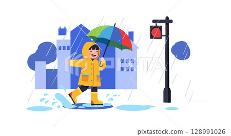 Child walking in rain with colorful umbrella and yellow raincoat in cityscape environment Child walking in rain with colorful umbrella and yellow raincoat in cityscape environment 128991026