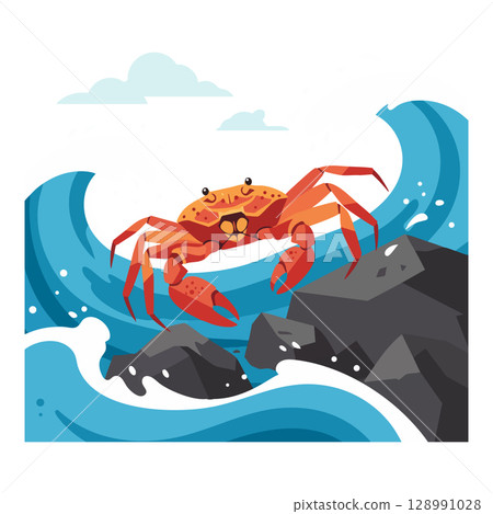Crab on rocky shore with blue ocean waves vector illustration marine life sea creature Crab on rocky shore with blue ocean waves vector illustration marine life sea creature 128991028