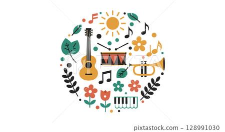 Musical instruments and nature elements with sun and notes vector illustration 128991030