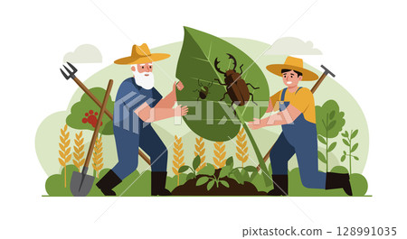 Farmers Inspecting Large Leaf With Beetle Pest Agricultural Vector Illustration Farmers Inspecting Large Leaf With Beetle Pest Agricultural Vector Illustration 128991035