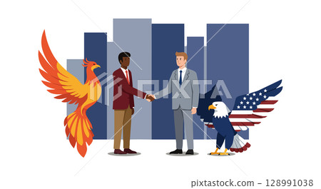 Businessmen shaking hands with phoenix and eagle cityscape background vector illustration Businessmen shaking hands with phoenix and eagle cityscape background vector illustration 128991038
