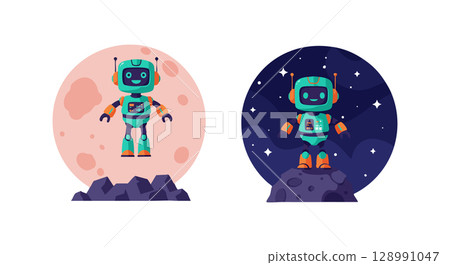 Cute robot character on moon surface day and night vector illustration 128991047