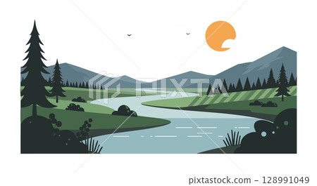Mountain River Landscape with Pine Trees and Orange Sun Vector Illustration 128991049