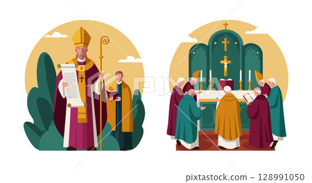 Catholic bishop holding document and priests praying at altar religious ceremony vector illustration Catholic bishop holding document and priests praying at altar religious ceremony vector illustration 128991050