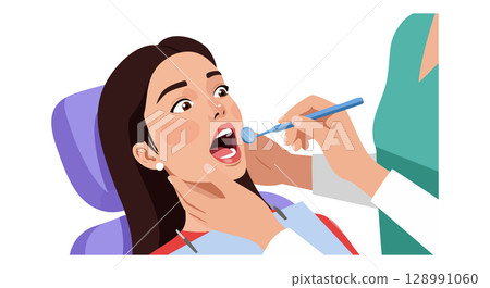 Female Patient Receiving Dental Checkup from Dentist in Clinic Vector Illustration Female Patient Receiving Dental Checkup from Dentist in Clinic Vector Illustration 128991060