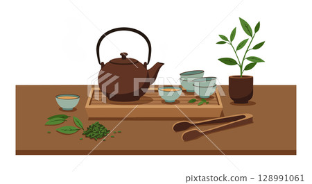 Traditional brown teapot with cups and green tea leaves on wooden table vector illustration 128991061