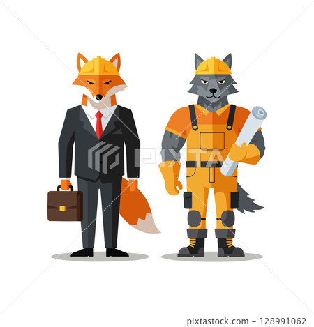 Fox businessman and wolf construction worker vector illustration with hardhat and briefcase in flat style 128991062