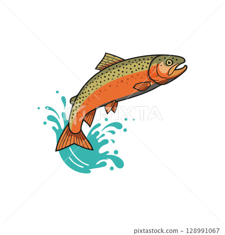 Rainbow trout fish jumping out of water splash vector illustration in natural aquatic environment Rainbow trout fish jumping out of water splash vector illustration in natural aquatic environment 128991067