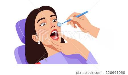 Woman receiving dental checkup with open mouth and dental mirror vector illustration 128991068