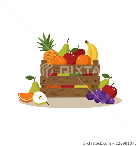 Fresh wooden crate filled with assorted fruits including pineapple pear apple banana orange grapes vector Fresh wooden crate filled with assorted fruits including pineapple pear apple banana orange grapes vector 128991073