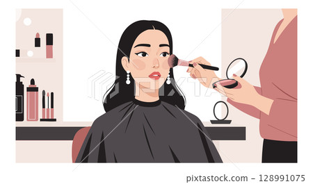 Woman Getting Makeup Applied with Brush in Beauty Salon Vector Illustration Woman Getting Makeup Applied with Brush in Beauty Salon Vector Illustration 128991075