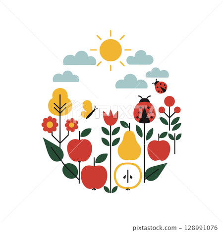 Colorful garden with apples, pear, flowers, ladybugs, butterfly, sun, and clouds vector illustration 128991076