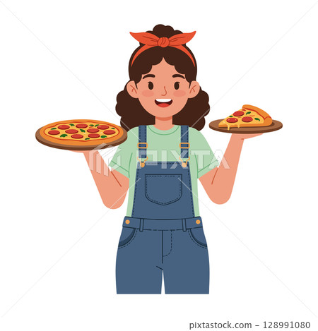 Girl holding whole pizza and pizza slice smiling casual outfit vector illustration Girl holding whole pizza and pizza slice smiling casual outfit vector illustration 128991080