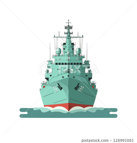 Military warship vessel front view with radar and antennas vector illustration 128991081